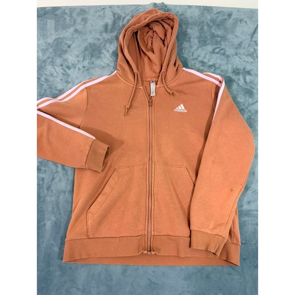 Adidas Womens Full Zip Hoodie Terracotta Orange Pink 3 Stripe Sweatshirt Medium